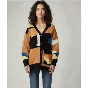 Fore Abstract Colorful Vneck Cardigan Sweater Size XL